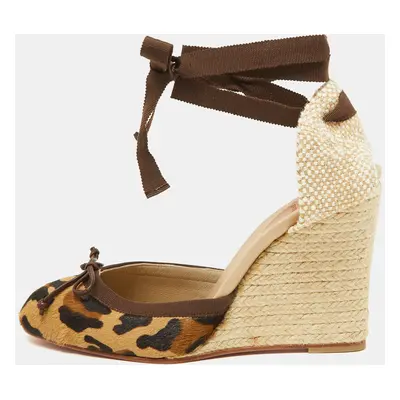 Christian Louboutin Brown Leopard Print Calf Hair Carino Espadrille Wedge Sandals Size