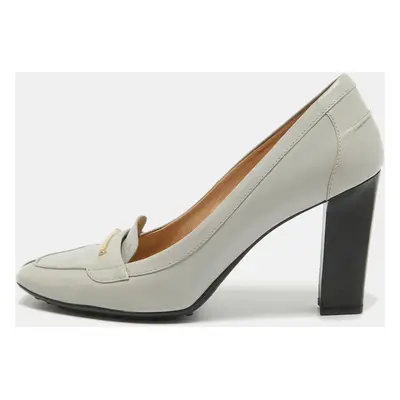 Tod's Grey Leather Block Heel Loafer Pumps Size