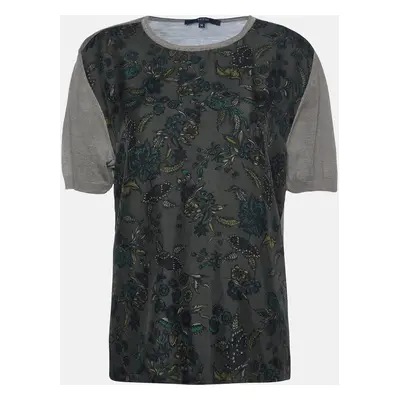 Gucci Olive Green Floral Print Silk & Knit Crew Neck Jumper