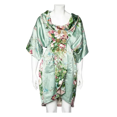 Kenzo Mint Green Floral Print Linen Blend Double Breasted Coat