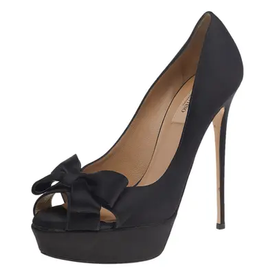 Valentino Black Satin Bow Peep Toe Platform Pumps Size