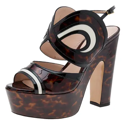 Nicholas Kirkwood Brown Marble Print Patent Leather Platform Block Heel Sandals Size 36.5