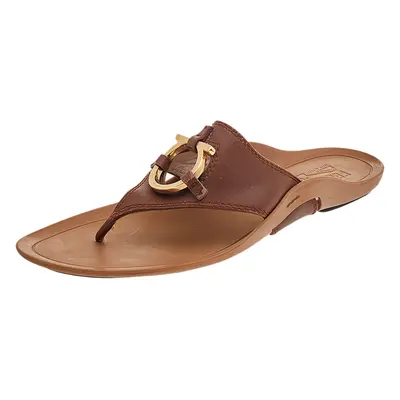 Salvatore Ferragamo Brown Leather Gancini Thong Flats Size