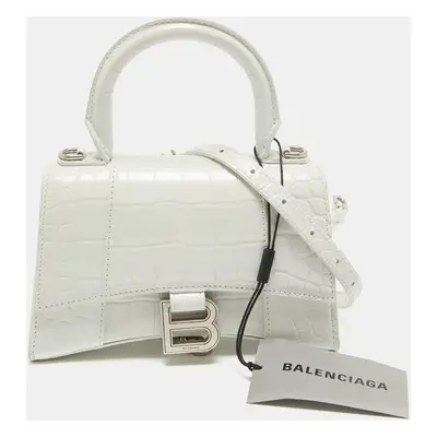 Balenciaga White Croc Embossed Leather Hourglass Top Handle Bag