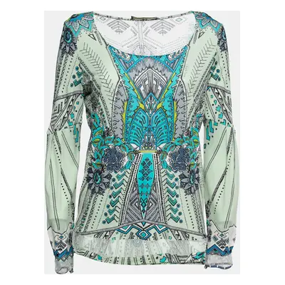 Roberto Cavalli Multicolor Printed Jersey Lace Trimmed Top