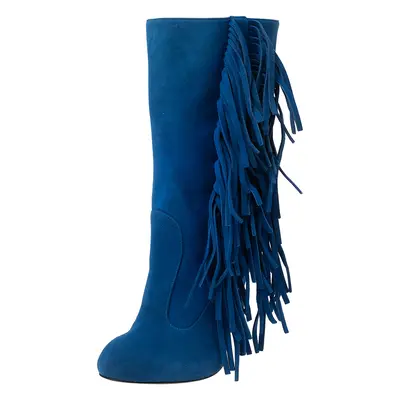 Giuseppe Zanotti Blue Suede Fringe Detail Mid Calf Boots Size