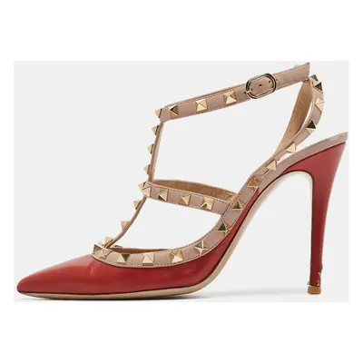 Valentino Red/Dusty Pink Leather Rockstud Ankle Strap Pumps Size