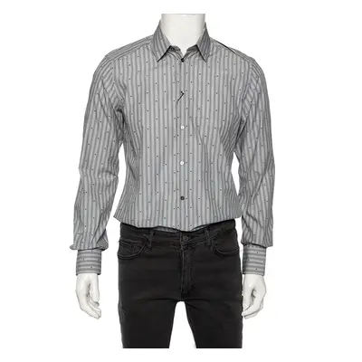 Dolce & Gabbana Grey Striped Cotton Embroidered Detail Gold Fit Shirt