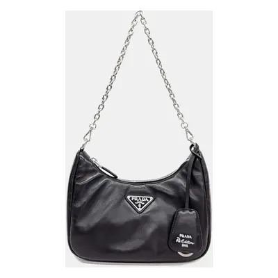 Prada Black Leather Tessuto Padded Hobo Bag