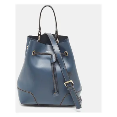 Furla Navy Blue Leather Stacy Drawstring Bucket Bag