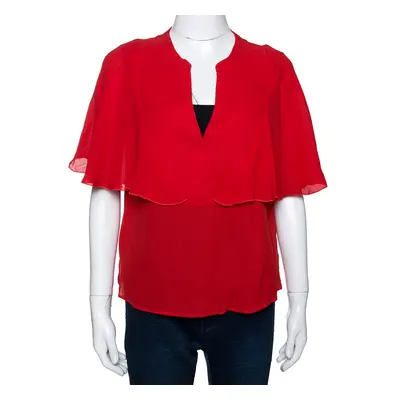 Giambattista Valli Red Crepe Ruffled Cape Detail Top