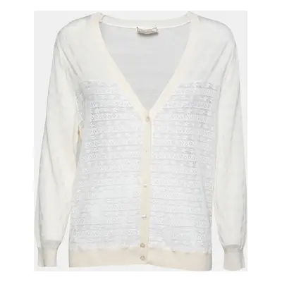 Nina Ricci Cream Striped Knit and Lace Cardigan