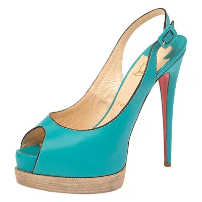 Christian Louboutin Turqouise Leather Peep Toe Platform Slingback Sandals Size