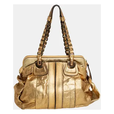 Chloé Metallic Gold Embossed Leather Heloise Satchel