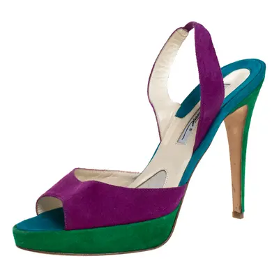 Brian Atwood Multicolor Suede Peep Toe Slingback Platform Sandals Size 39.5