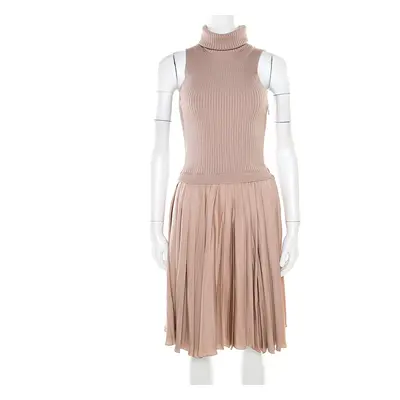 Valentino Beige Ribbed Wool and Silk Pleated Sleeveless Turtleneck Dress