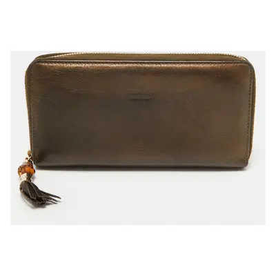 Gucci Metallic Leather Bamboo Tassel Zip Around Wallet