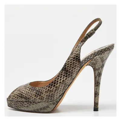 Jimmy Choo Grey Snakeskin Leather Peep Toe Pumps Size 38.5