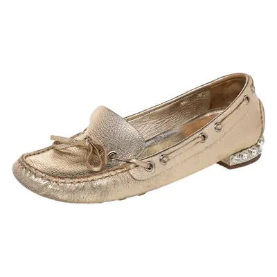 Miu Miu Metallic Gold Crystal Embellished Slip on Loafers Size 36.5