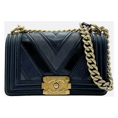 Chanel Metal Navy Gold Leather Boy Bag