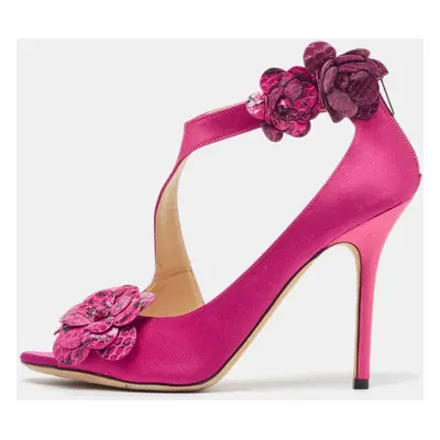 Jimmy Choo Pink Satin and Python Flower Applique Sandals Size 39.5