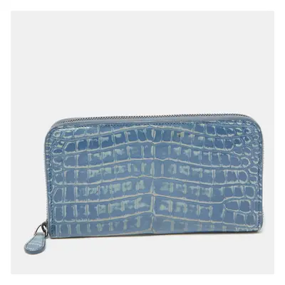 Bottega Veneta Blue Crocodile Zip Around Wallet