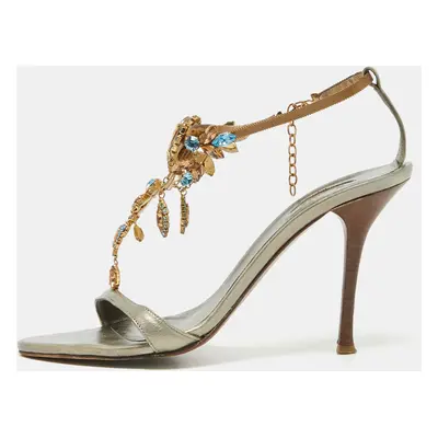 Le Silla Metallic Leather Crystal Embellished Ankle Strap Sandals Size