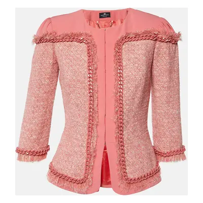 Elisabetta Franchi Pink Tweed and Crepe Chain Detail Jacket