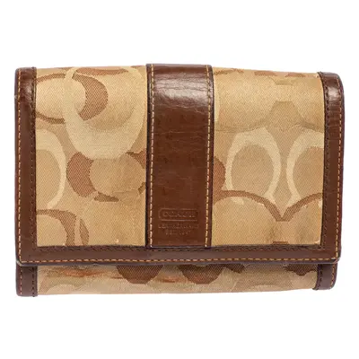 Coach Beige/Brown Signature Canvas and Leather Compact Wallet