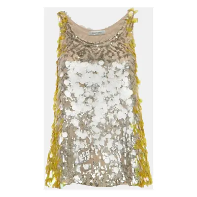 Valentino Yellow/Pink Sequin Embellished Silk Tank Top