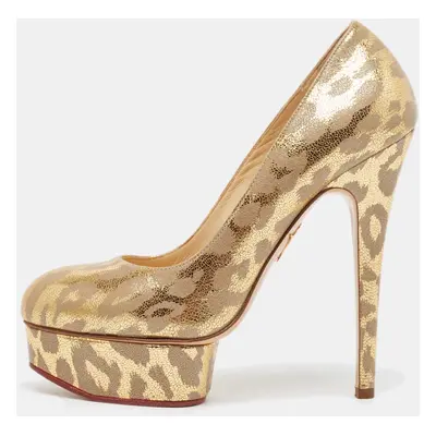 Charlotte Olympia Gold/Grey Leather Dolly Platform Pumps Size