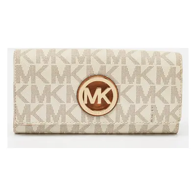 Michael Kors White/Brown Signature Coated Canvas and Leather Fulton Continental Wallet