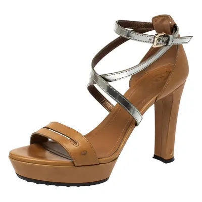 Tod's Light Brown/Metallic Leather Criss Cross Platform Sandals Size