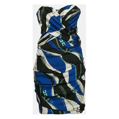 Elisabetta Franchi Blue Printed Silk and Crepe Strapless Mini Dress