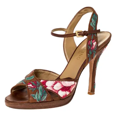 Valentino Brown Leather Embroidered Ankle Strap Sandals Size 39.5