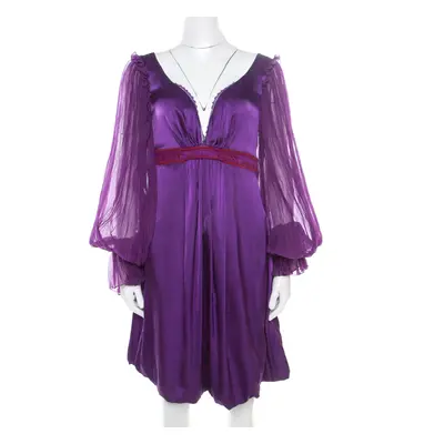 Class by Roberto Cavalli Purple Satin Embroidered Waist Detail Plunge Neck Dress