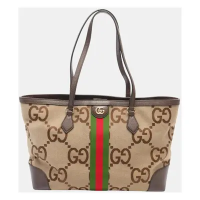 Gucci Beige Brown Multicolor Canvas Leather Medium Tote Jumbo GG Sherry Line Bag