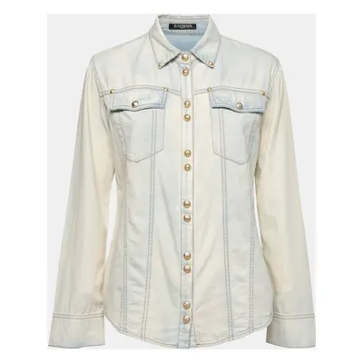 Balmain Bleached Blue Denim Long Sleeve Button Front Shirt