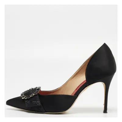 CH Carolina Herrera Black Satin Crystal Embellished Pointed Toe Pumps Size