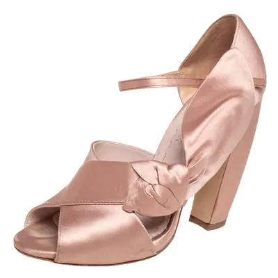 Miu Miu Beige Satin Bow Detail Ankle Strap Block Heel Pumps Size