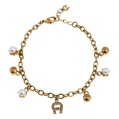 Aigner Gold Tone Faux Pearl Charms Bracelet