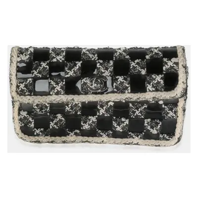 Chanel Black White Tweed Woven Patent Medium Flap Bag