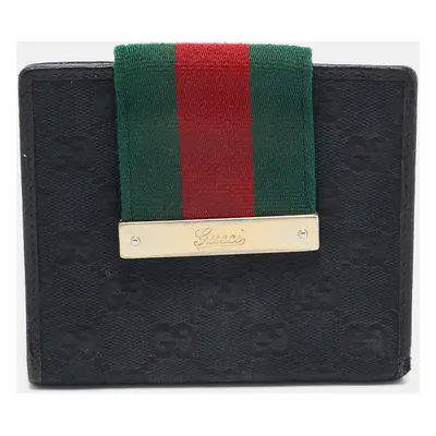 Gucci Black GG Canvas and Leather Web Flap French Wallet