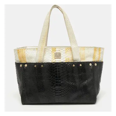 MCM Yellow/Black Python Embossed Leather Zip Tote