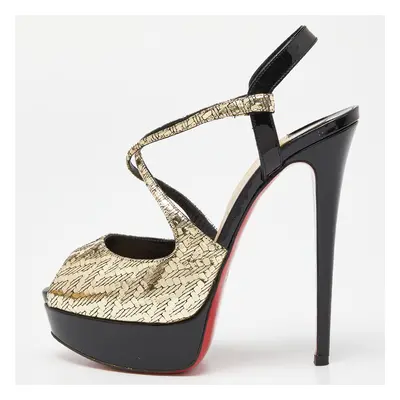 Christian Louboutin Black/Gold Patent Leather Cross Street Strappy Sandals Size