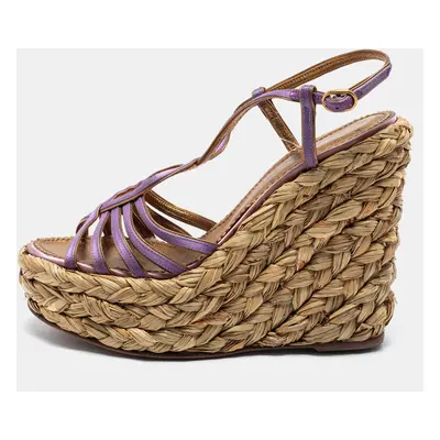 Yves Saint Laurent Purple Satin Woven Straw Platform Wedge Sandals Size