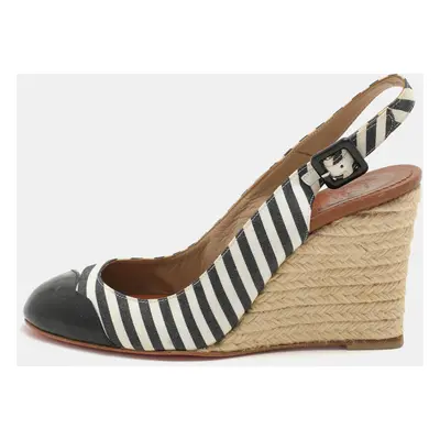 Christian Louboutin Striped Canvas and Patent Cap Toe Slingback Wedges Espadrille Size