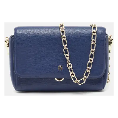 Aigner Navy Blue Leather Flap Chain Shoulder Bag