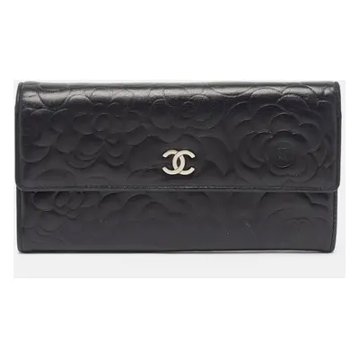 Chanel Black Camellia Embossed Leather Large Flap Wallet