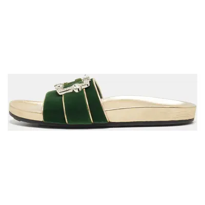 Prada Green/Gold Velvet And Leather Buckle Detail Slides Sizes 39.5